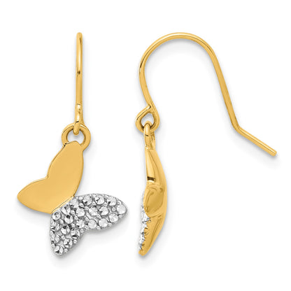 14k and White Rhodium Diamond-cut Butterfly Dangle French Hook Earrings