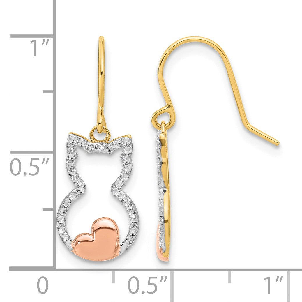 14k w/Rose and White Rhodium D/C Cat Outline Dangle Earrings