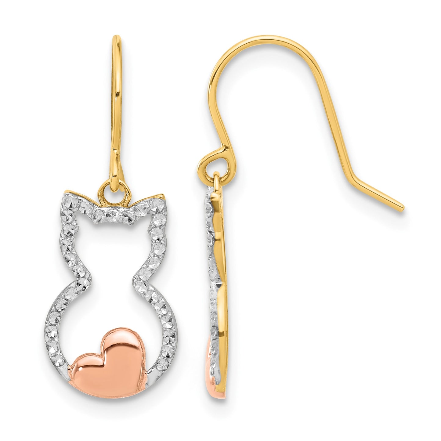 14k w/Rose and White Rhodium D/C Cat Outline Dangle Earrings