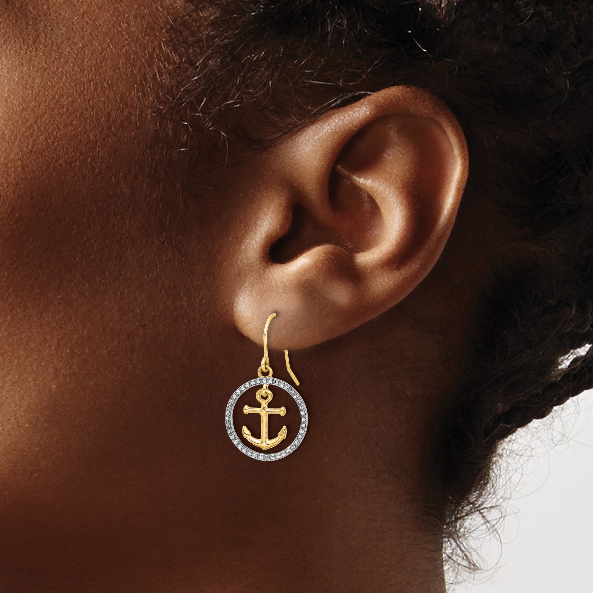 14k and White Rhodium Diamond-cut Anchor Dangle in Circle French Hook Earrings