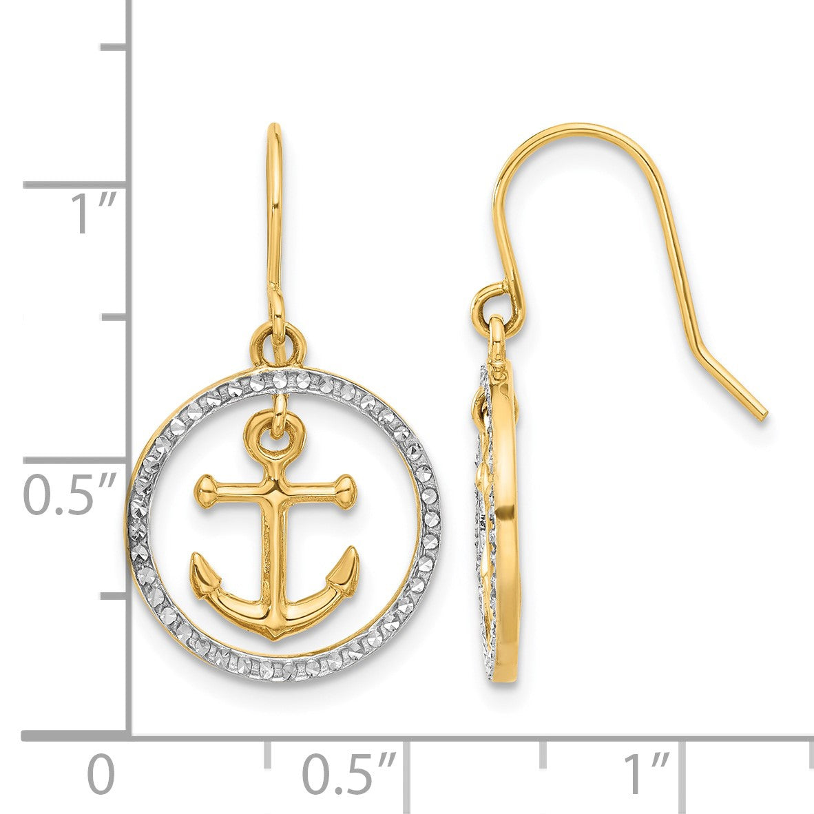 14k and White Rhodium Diamond-cut Anchor Dangle in Circle French Hook Earrings