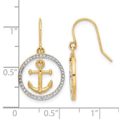 14k and White Rhodium Diamond-cut Anchor Dangle in Circle French Hook Earrings