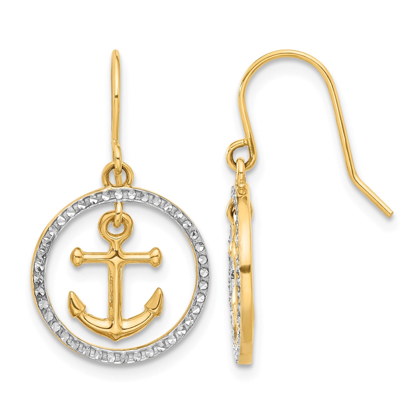 14k and White Rhodium Diamond-cut Anchor Dangle in Circle French Hook Earrings