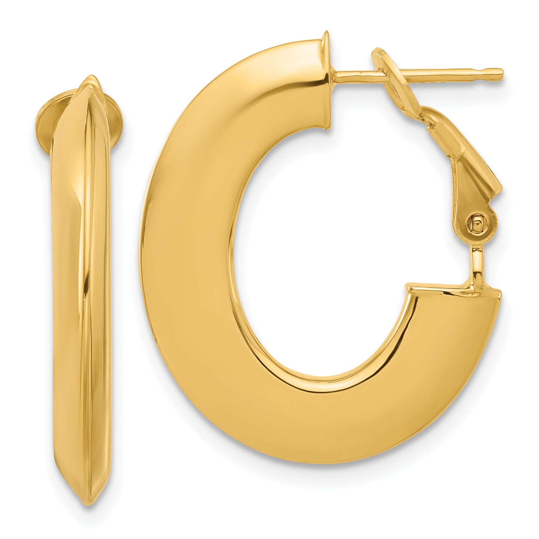 14K 3x25mm Polished Knife-Edge Oval Omega Back Tube Hoop Earrings