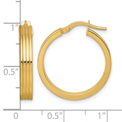 14k Polished and Grooved 4.00 x 24mm Tube Hoop Earrings
