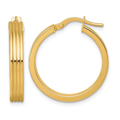 14k Polished and Grooved 4.00 x 24mm Tube Hoop Earrings