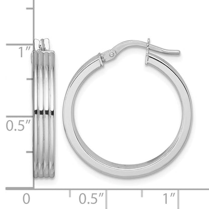 14k White Gold Polished and Grooved 4.00 x 24mm Tube Hoop Earrings