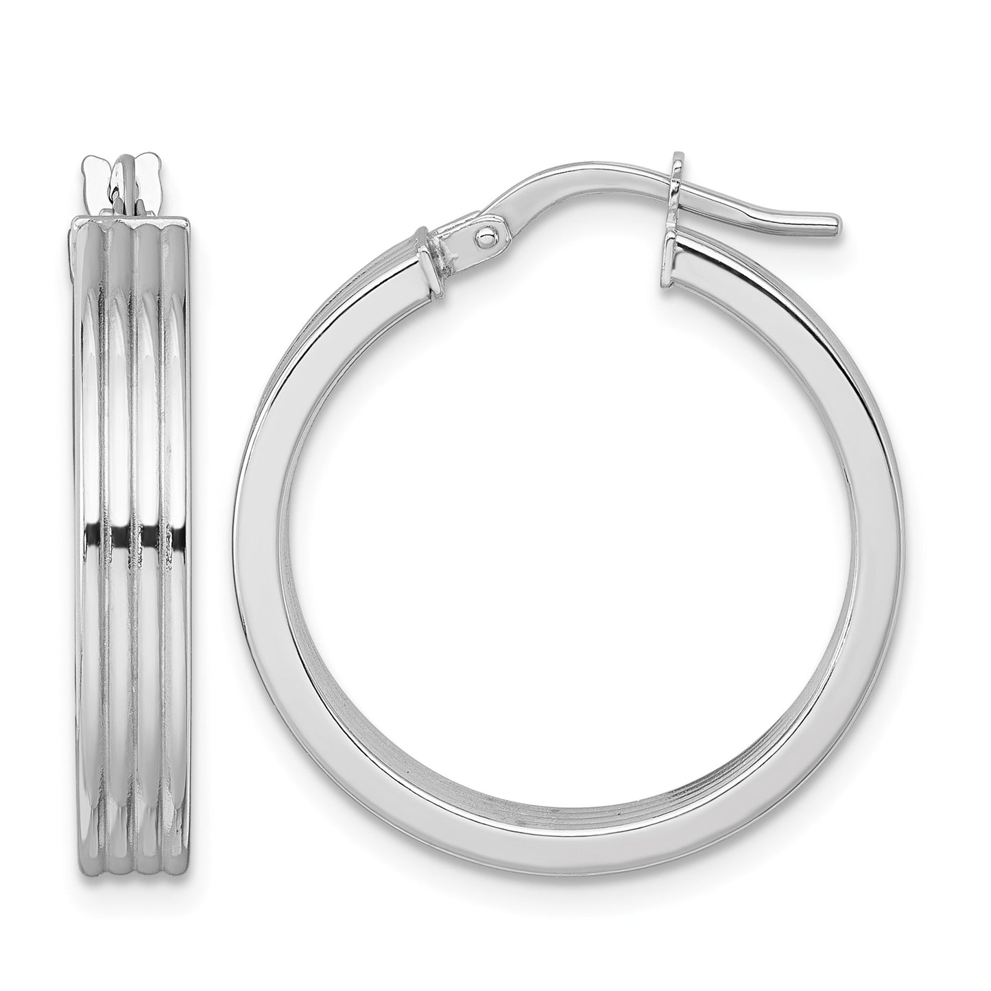 14k White Gold Polished and Grooved 4.00 x 24mm Tube Hoop Earrings