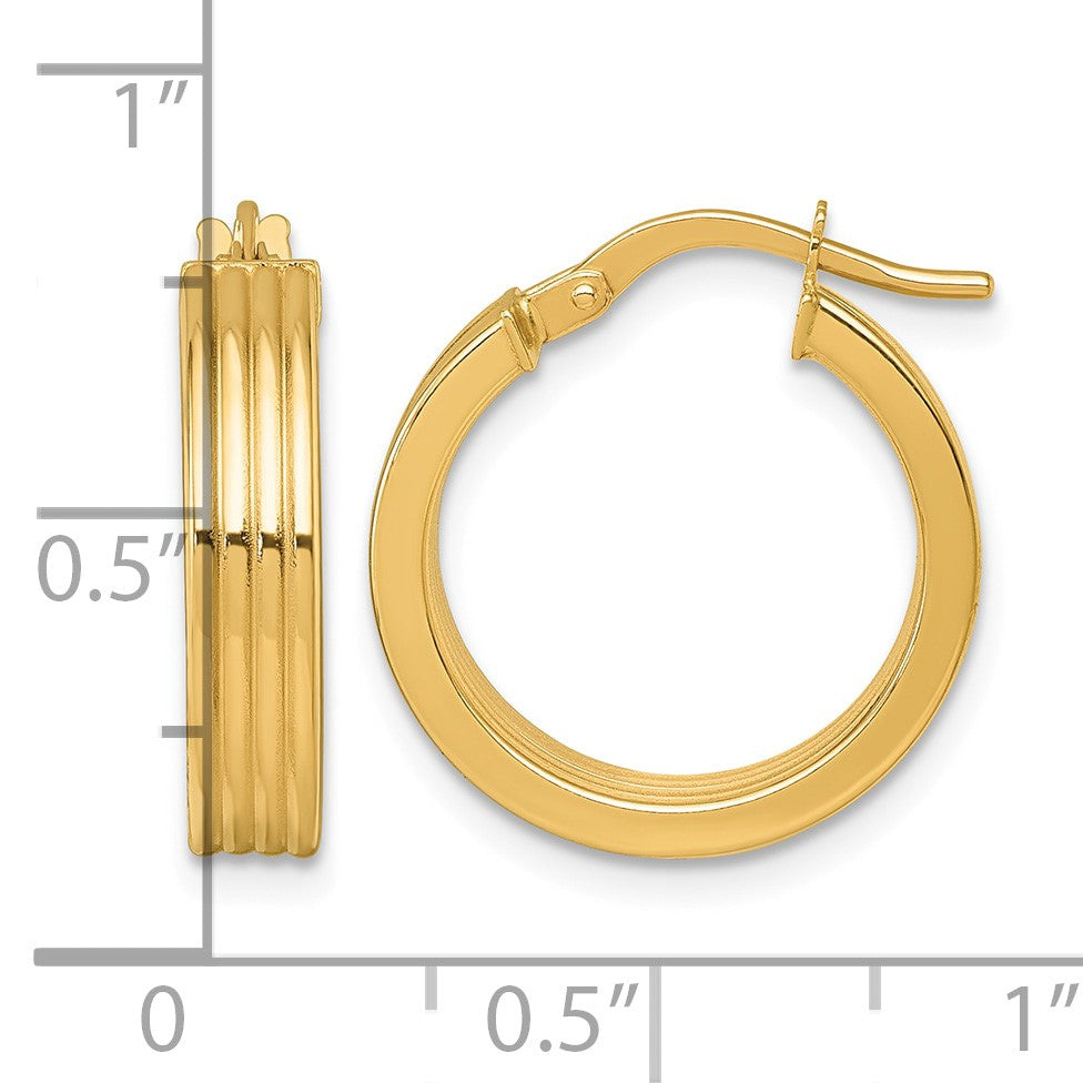 14k Polished and Grooved 4.00 x 18mm Tube Hoop Earrings