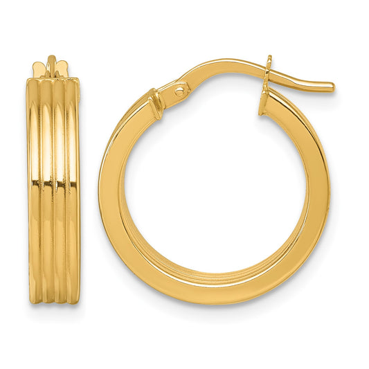 14k Polished and Grooved 4.00 x 18mm Tube Hoop Earrings