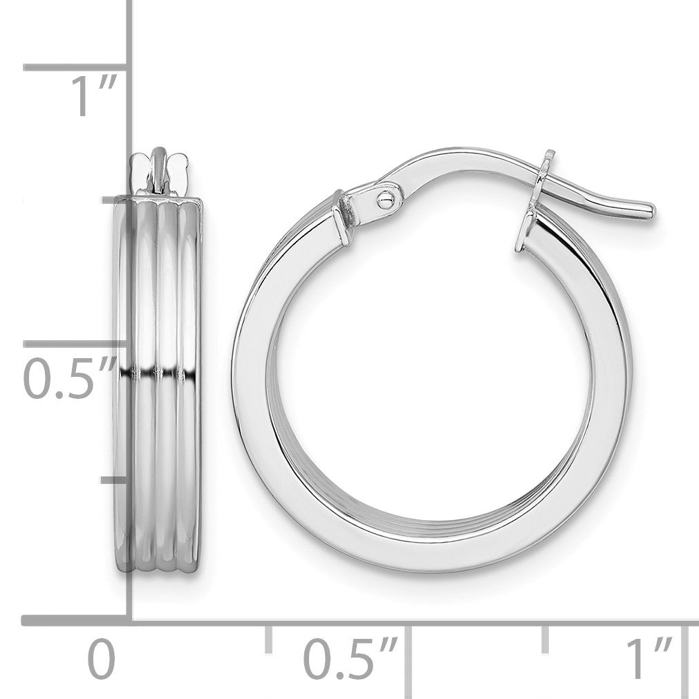 14k White Gold Polished and Grooved 4.00 x 18mm Tube Hoop Earrings