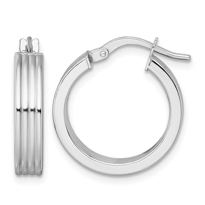 14k White Gold Polished and Grooved 4.00 x 18mm Tube Hoop Earrings