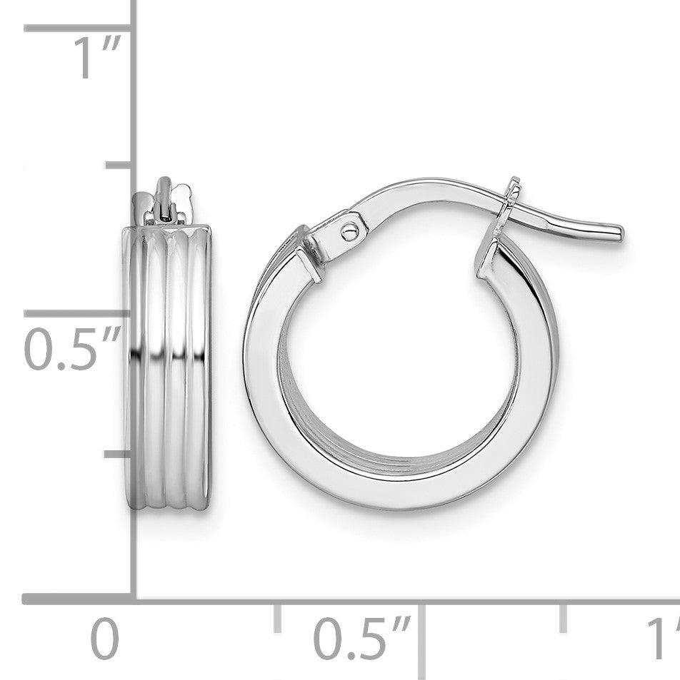 14k White Gold Polished and Grooved 4.00 x 15mm Tube Hoop Earrings