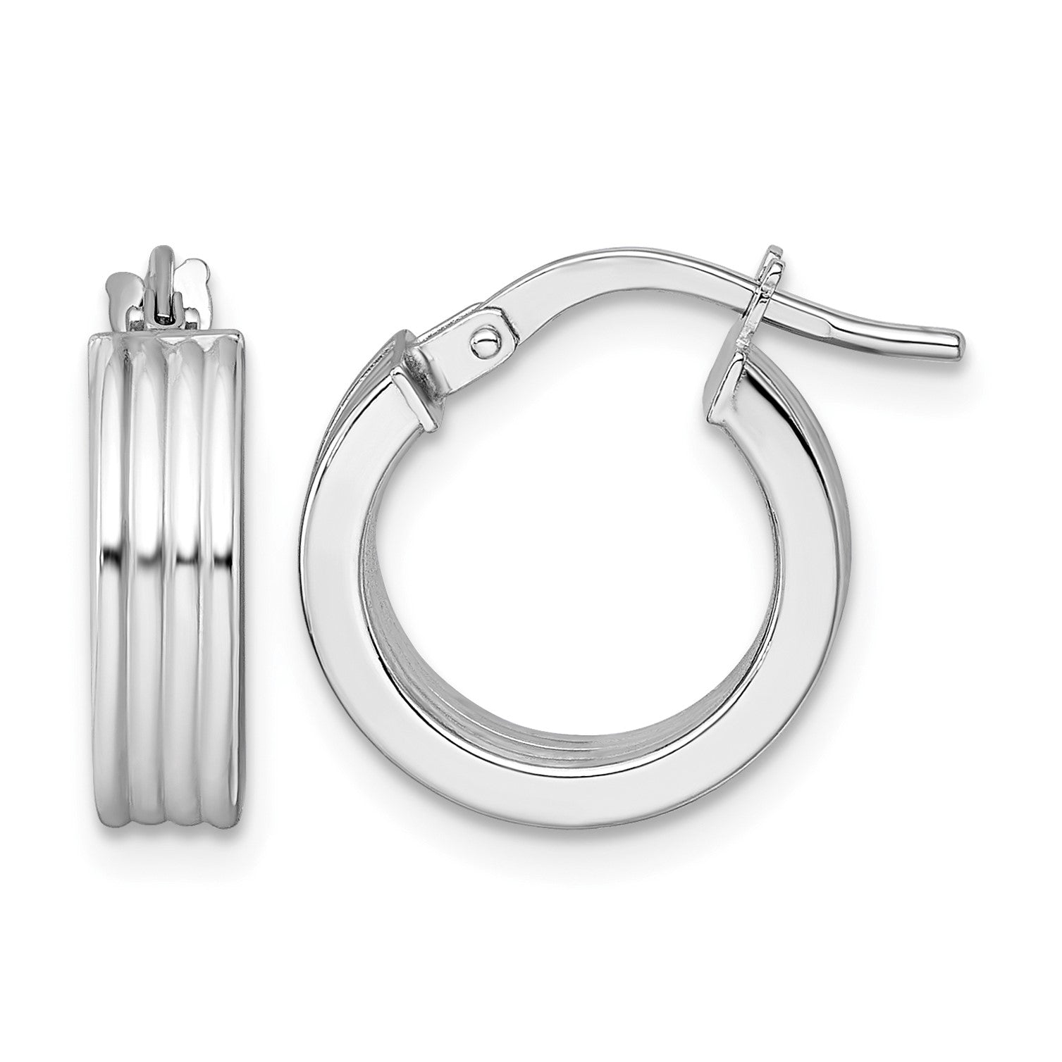 14k White Gold Polished and Grooved 4.00 x 15mm Tube Hoop Earrings