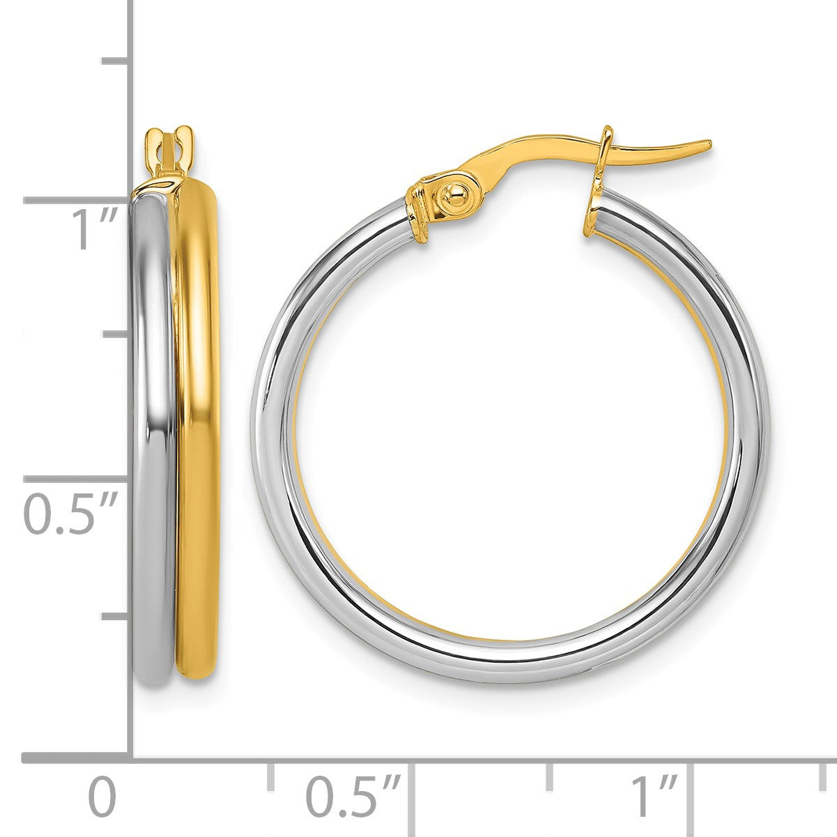 14K with White Rhodium Polished 4.00mm x 24mm Round Hoop Earrings