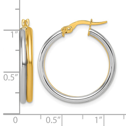 14K with White Rhodium Polished 4.00mm x 24mm Round Hoop Earrings