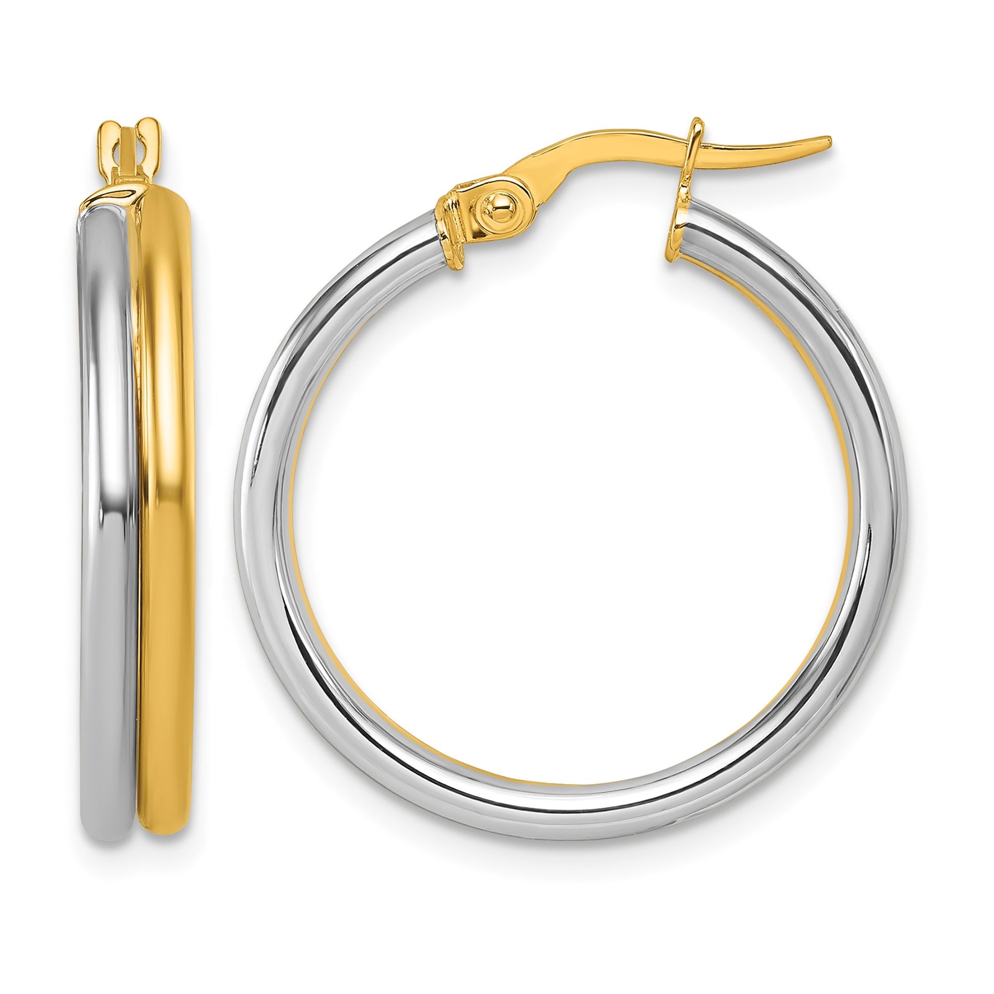14K with White Rhodium Polished 4.00mm x 24mm Round Hoop Earrings