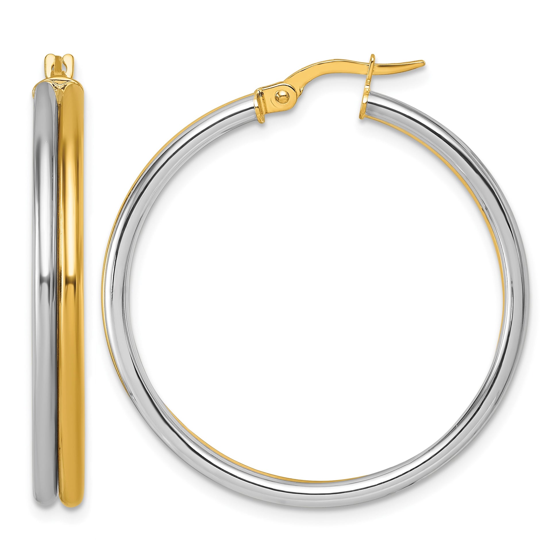 14K with White Rhodium Polished 4.00mm x 35mm Round Hoop Earrings