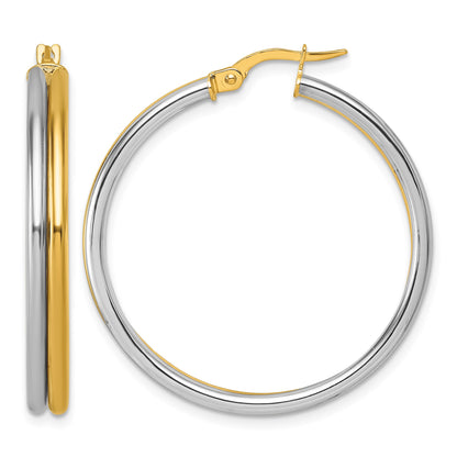 14K with White Rhodium Polished 4.00mm x 35mm Round Hoop Earrings