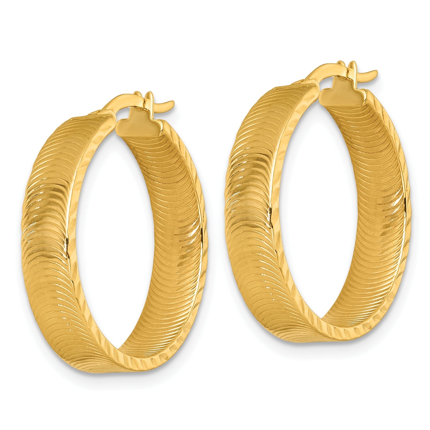 14k Polished 5.0 x 22mm Diamond-Cut Textured Tube Hoop Earrings