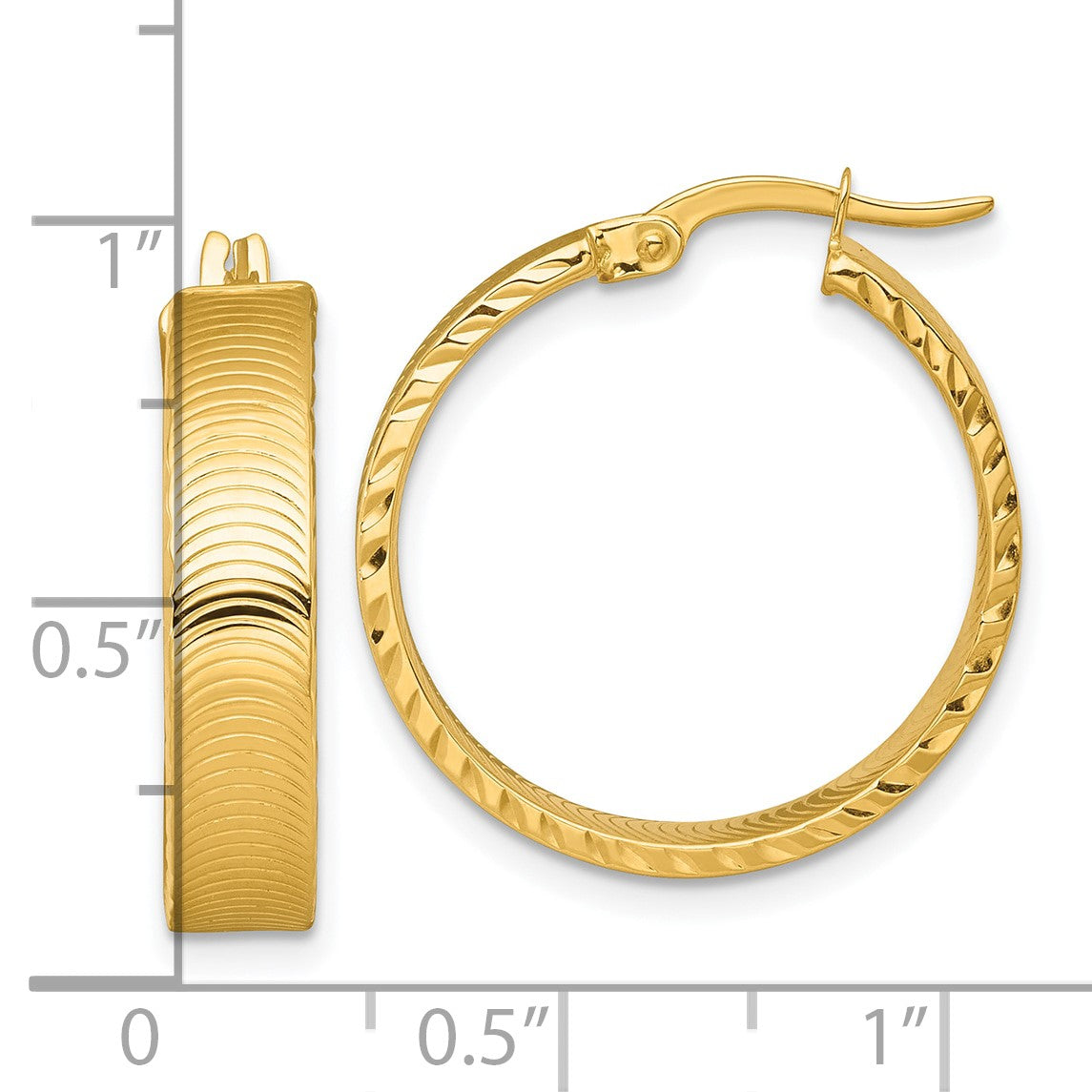 14k Polished 5.0 x 22mm Diamond-Cut Textured Tube Hoop Earrings