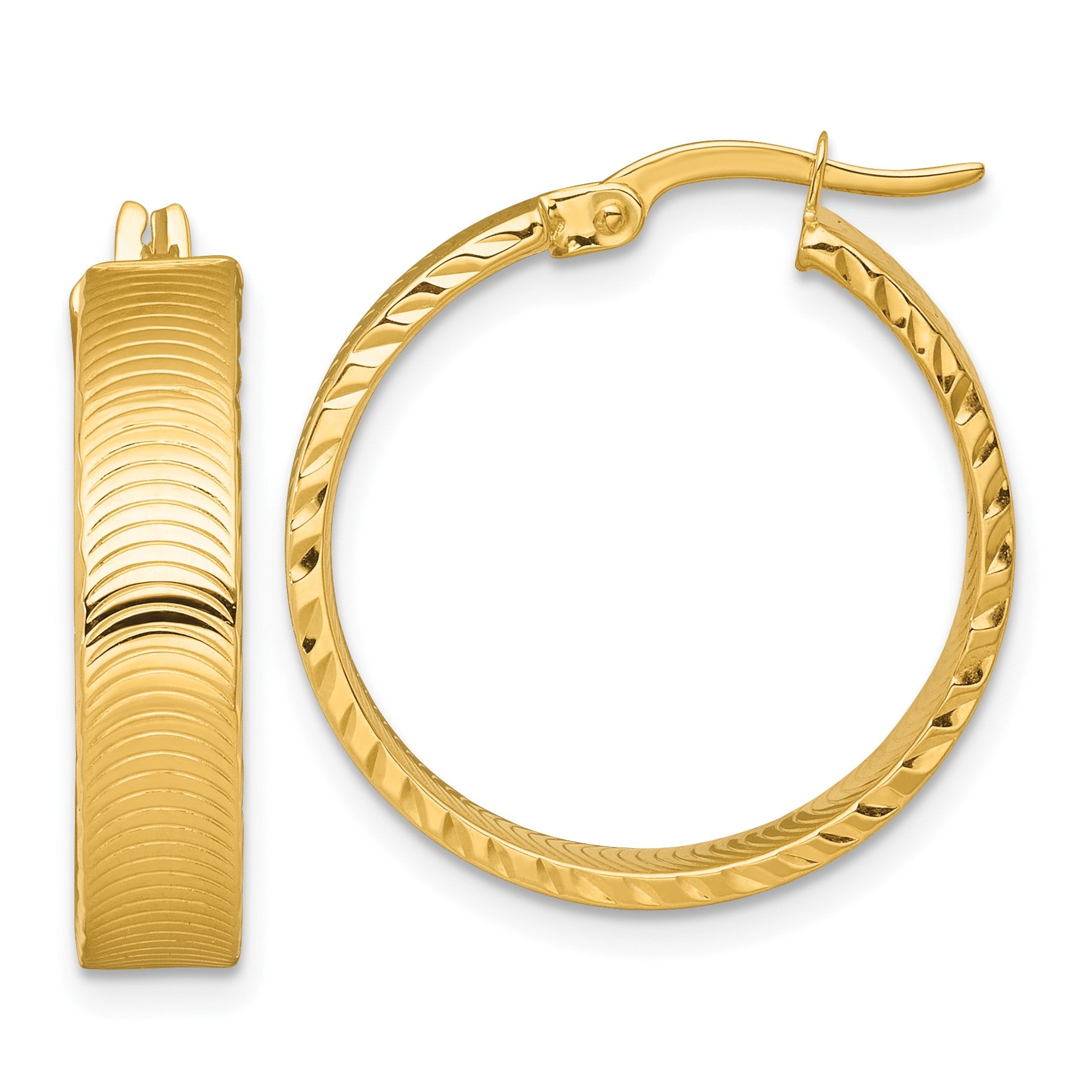 14k Polished 5.0 x 22mm Diamond-Cut Textured Tube Hoop Earrings
