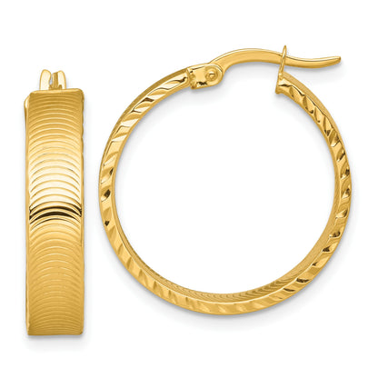 14k Polished 5.0 x 22mm Diamond-Cut Textured Tube Hoop Earrings