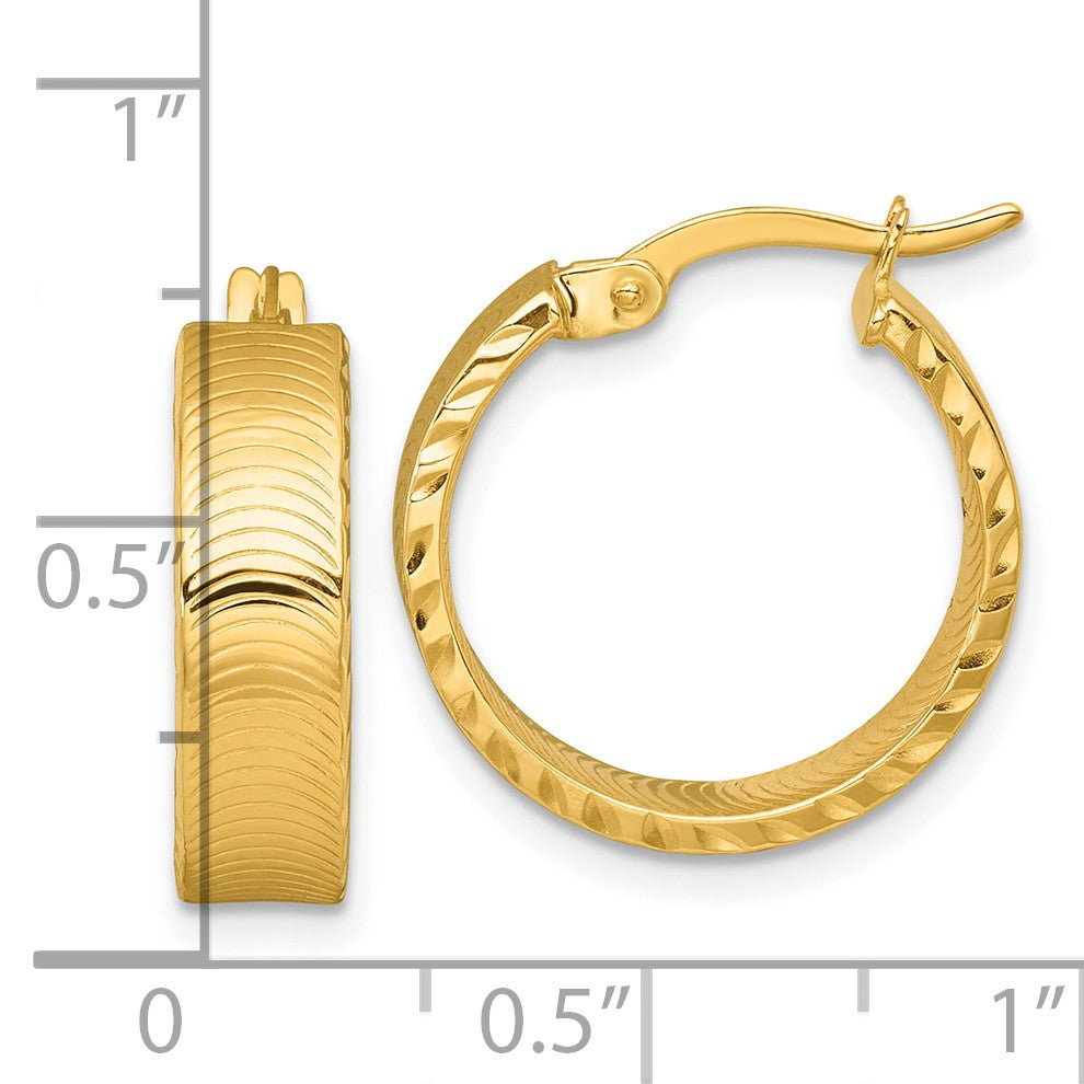 14k Polished 5.0 x 18mm Diamond-Cut Textured Tube Hoop Earrings