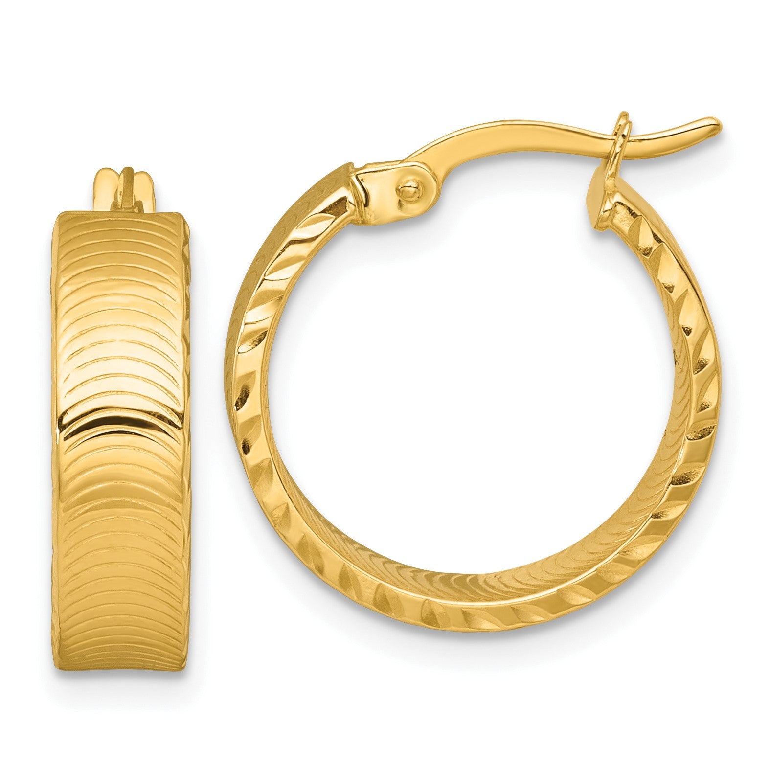 14k Polished 5.0 x 18mm Diamond-Cut Textured Tube Hoop Earrings
