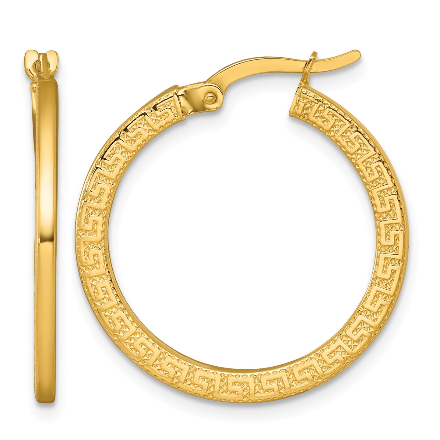 14k Polished 1.5 x 24mm Textured Greek Key Hoop Earrings