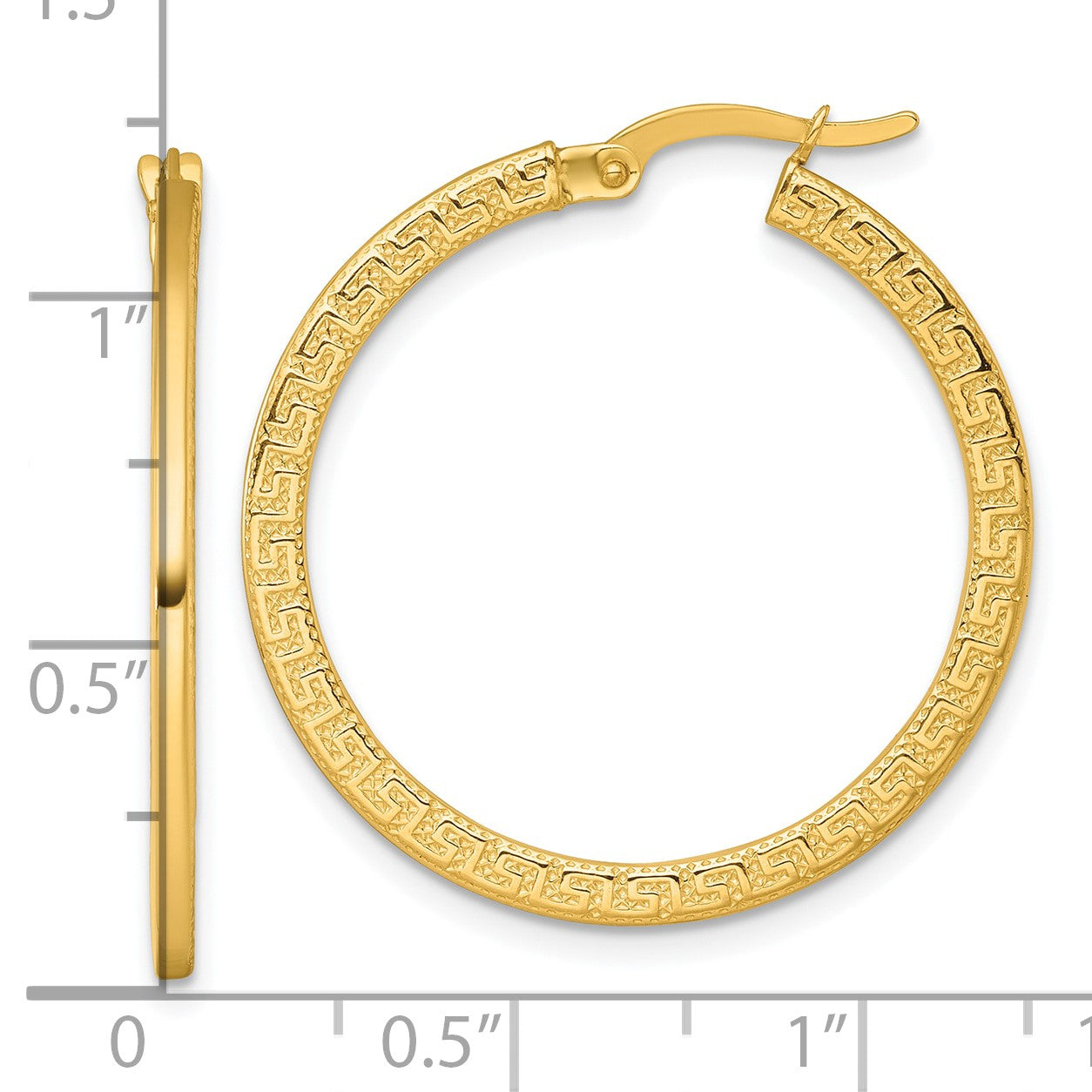 14k Polished 1.5 x 30mm Textured Greek Key Hoop Earrings