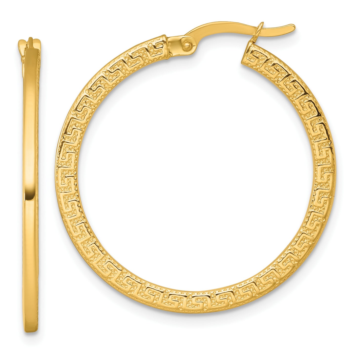 14k Polished 1.5 x 30mm Textured Greek Key Hoop Earrings