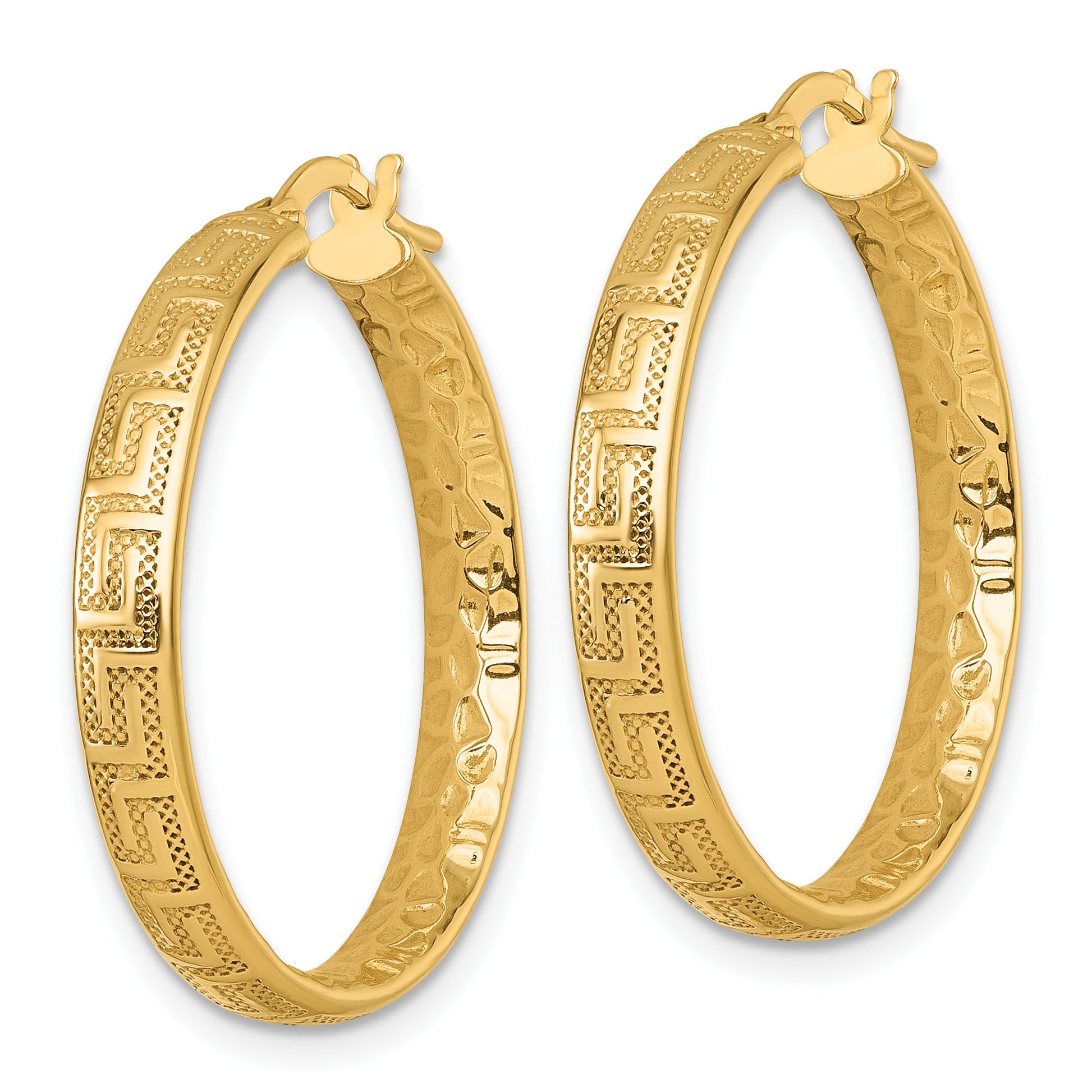 14K Polished Greek Key Design Textured 4.00 x 28mm Tube Hoop Earrings