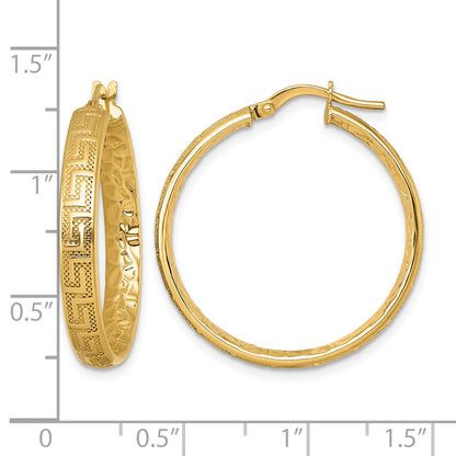 14K Polished Greek Key Design Textured 4.00 x 28mm Tube Hoop Earrings