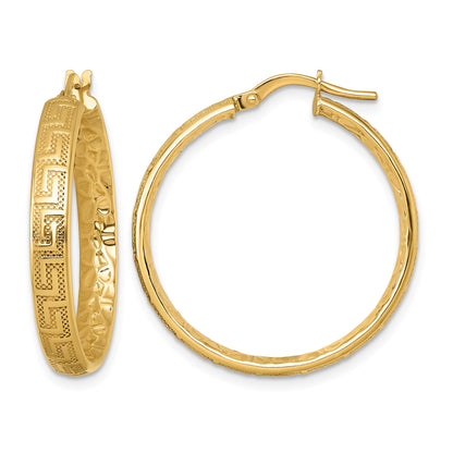 14K Polished Greek Key Design Textured 4.00 x 28mm Tube Hoop Earrings