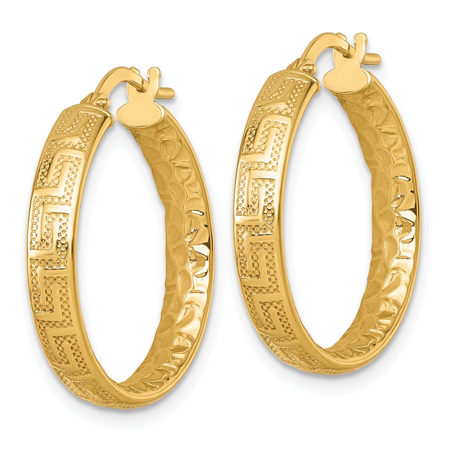 14K Polished Greek Key Design Textured 4.00 x 24mm Tube Hoop Earrings