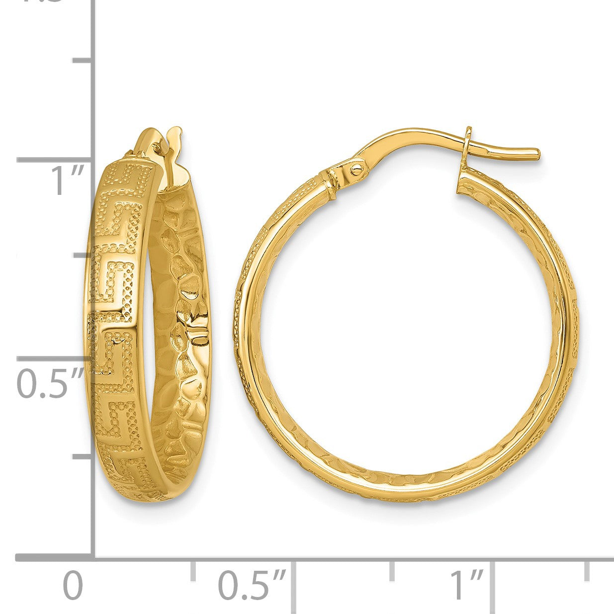 14K Polished Greek Key Design Textured 4.00 x 24mm Tube Hoop Earrings