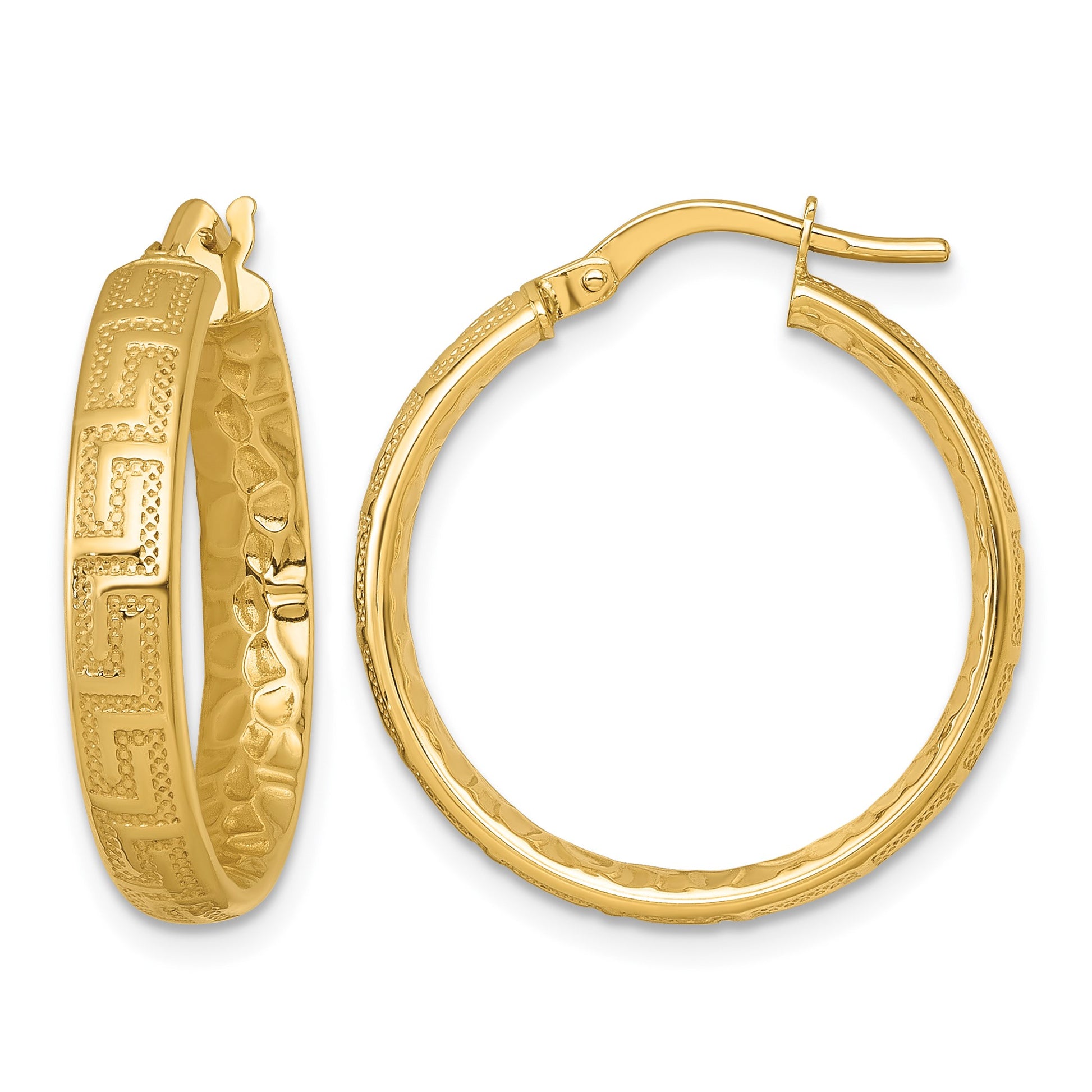 14K Polished Greek Key Design Textured 4.00 x 24mm Tube Hoop Earrings