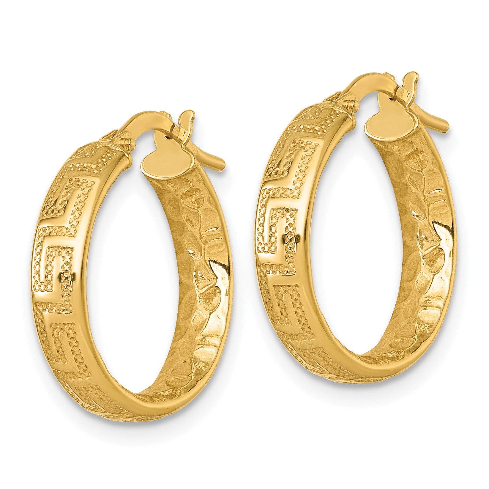 14K Polished Greek Key Design Textured 4.00 x 18mm Tube Hoop Earrings