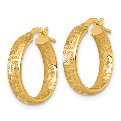 14K Polished Greek Key Design Textured 4.00 x 18mm Tube Hoop Earrings