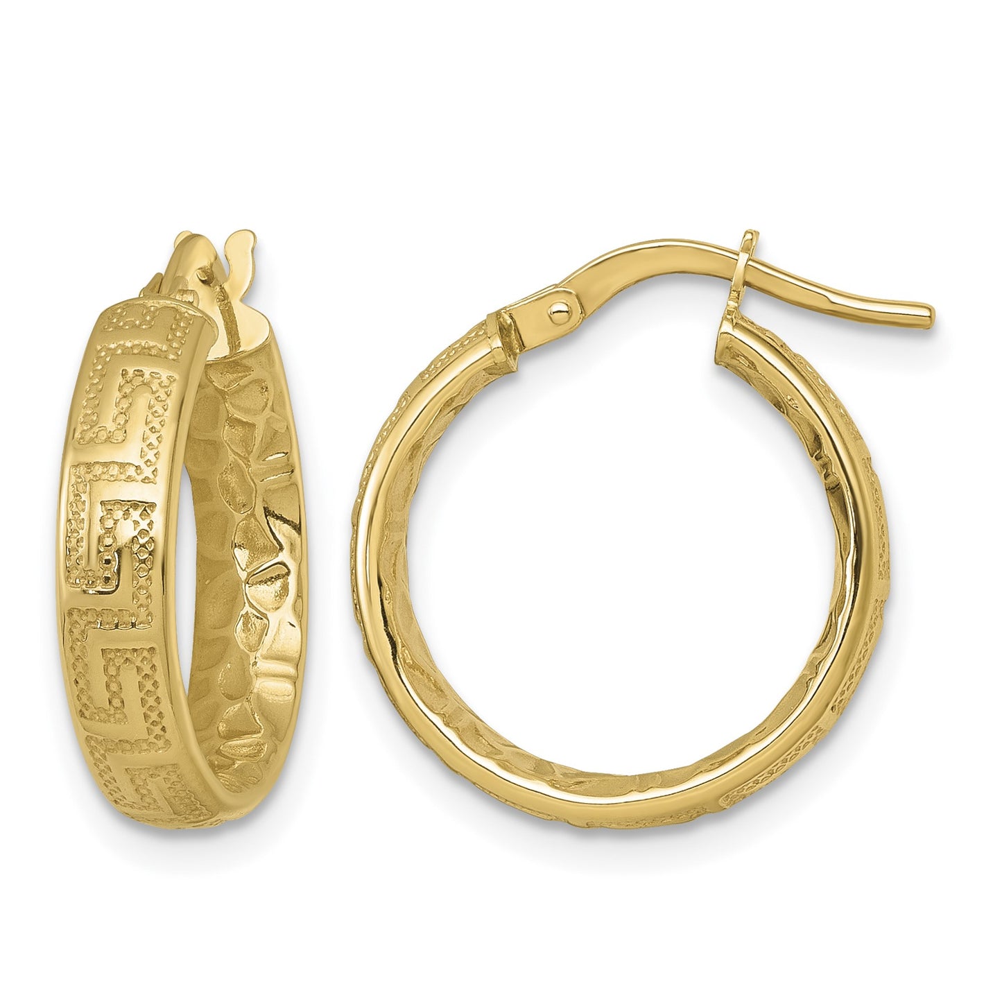 14K Polished Greek Key Design Textured 4.00 x 18mm Tube Hoop Earrings