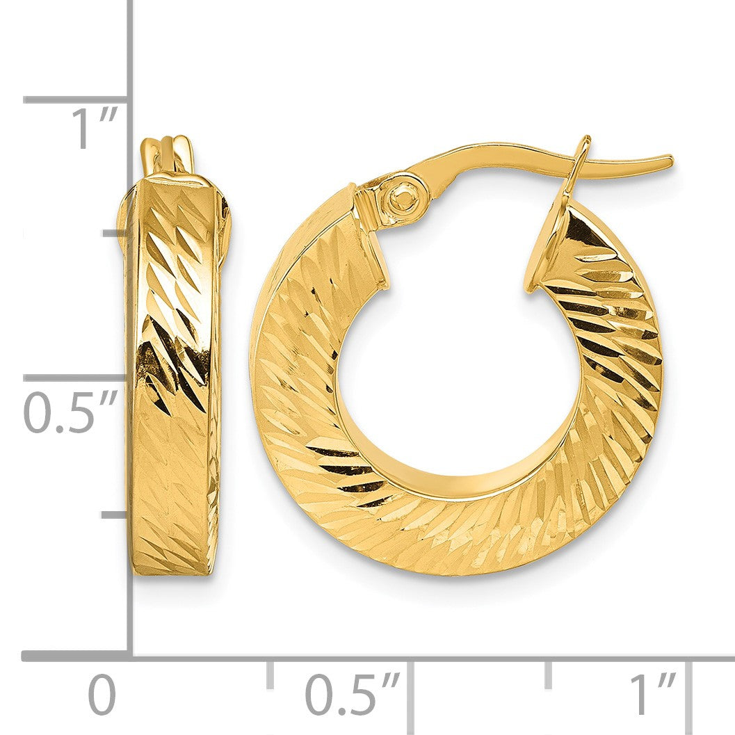 14K Polished and Diamond-cut 4.00mm x 18mm Square Tube Round Hoop Earrings