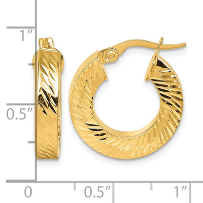 14K Polished and Diamond-cut 4.00mm x 18mm Square Tube Round Hoop Earrings