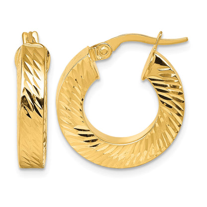 14K Polished and Diamond-cut 4.00mm x 18mm Square Tube Round Hoop Earrings