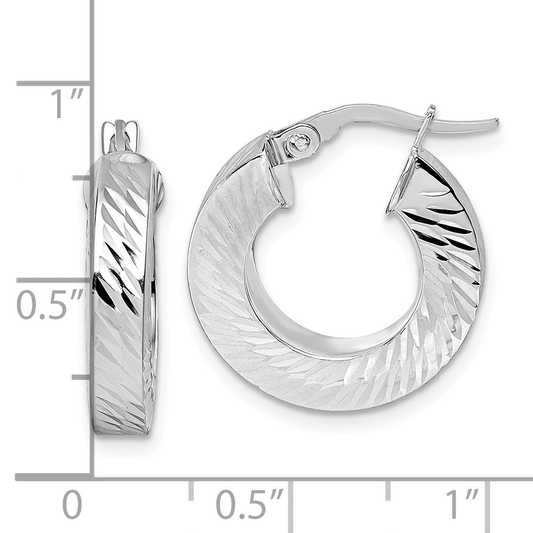 14K with White Rhodium Polished and Diamond-cut 4.00mm x 18mm Square Tube Round Hoop Earrings