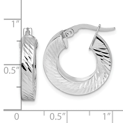 14K with White Rhodium Polished and Diamond-cut 4.00mm x 18mm Square Tube Round Hoop Earrings