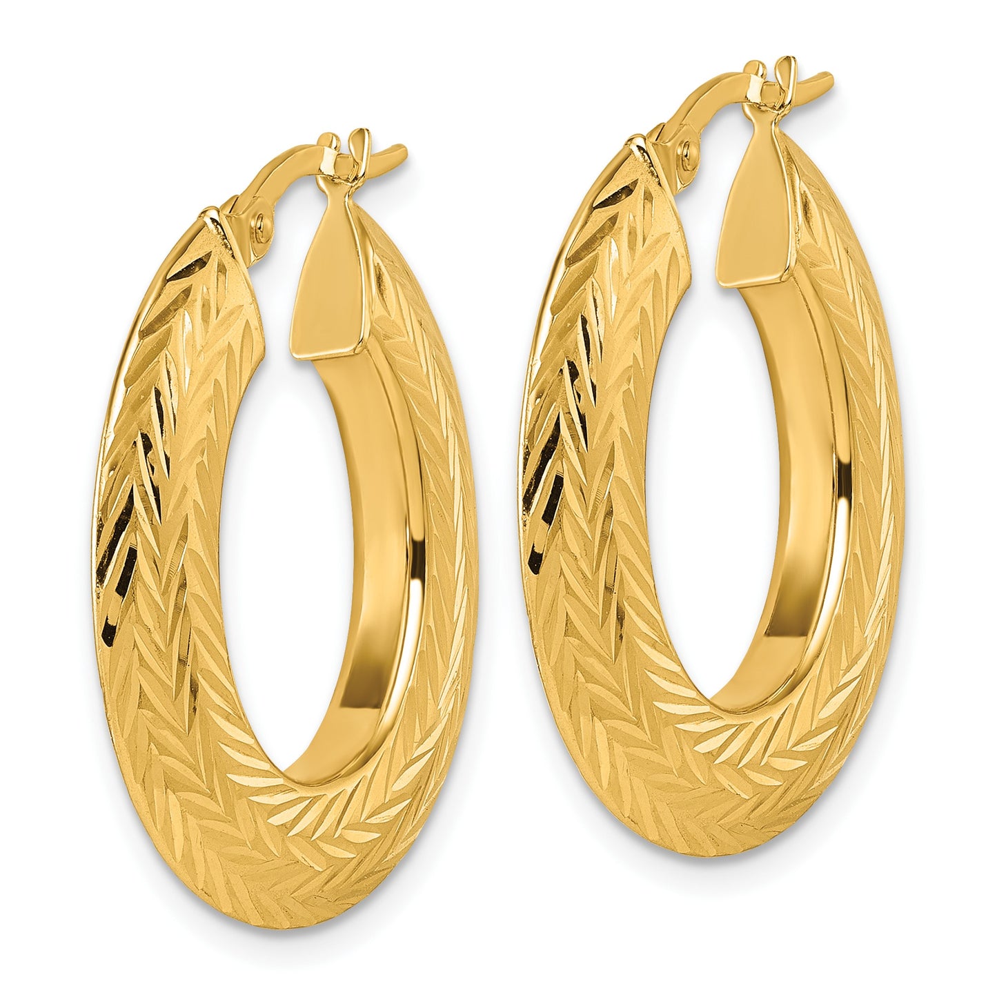 14K Polished and Diamond-cut 3.4mm x 27mm Knife-edge Oval Tube Hoop Earrings