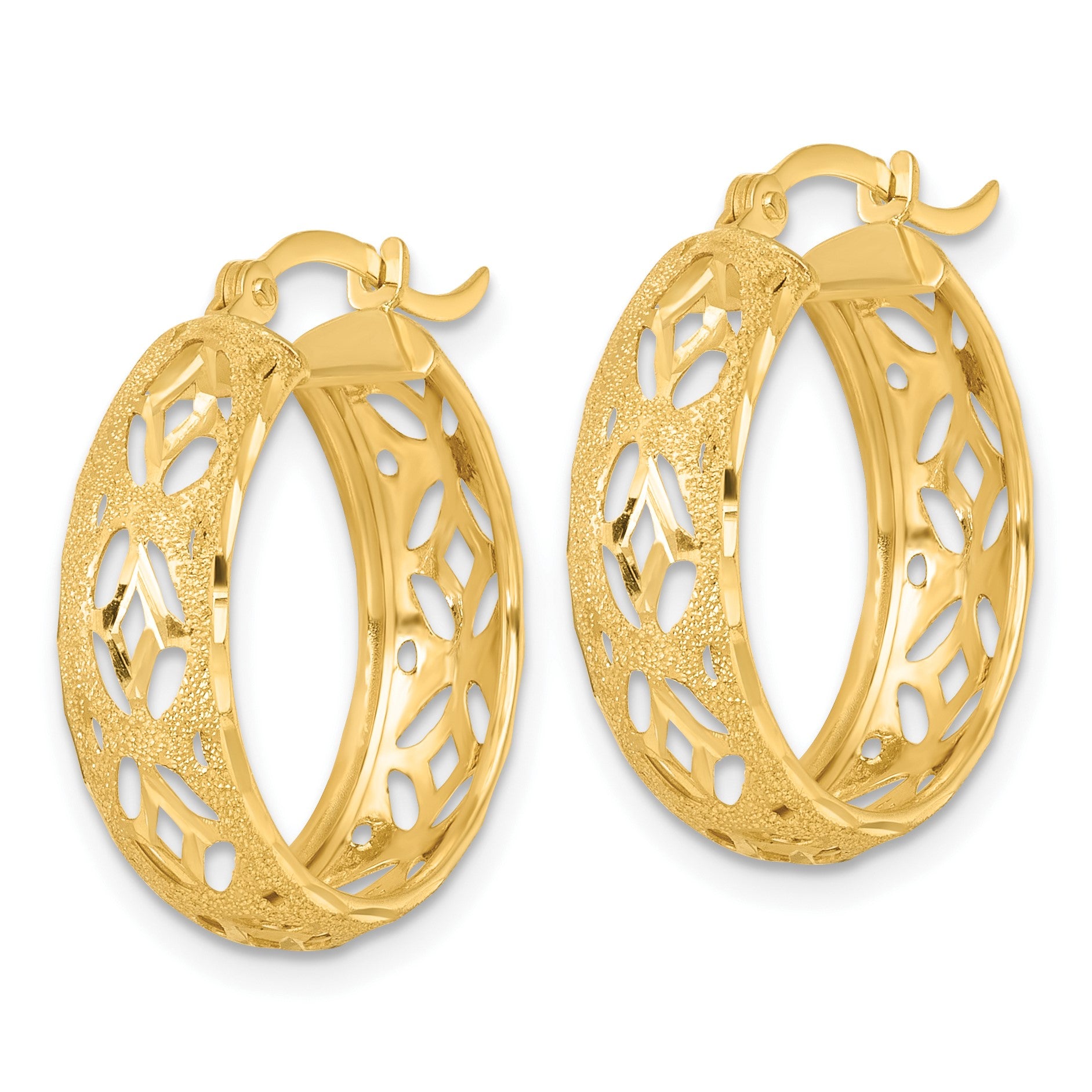 14k Polished Laser and Diamond-cut 6.15x21mm Fancy Design Round Hoop Earrings
