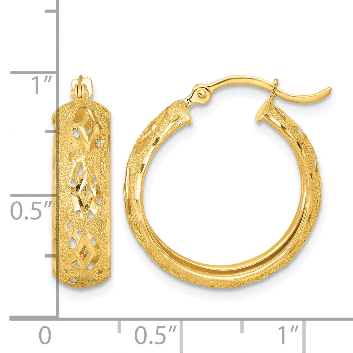 14k Polished Laser and Diamond-cut 6.15x21mm Fancy Design Round Hoop Earrings