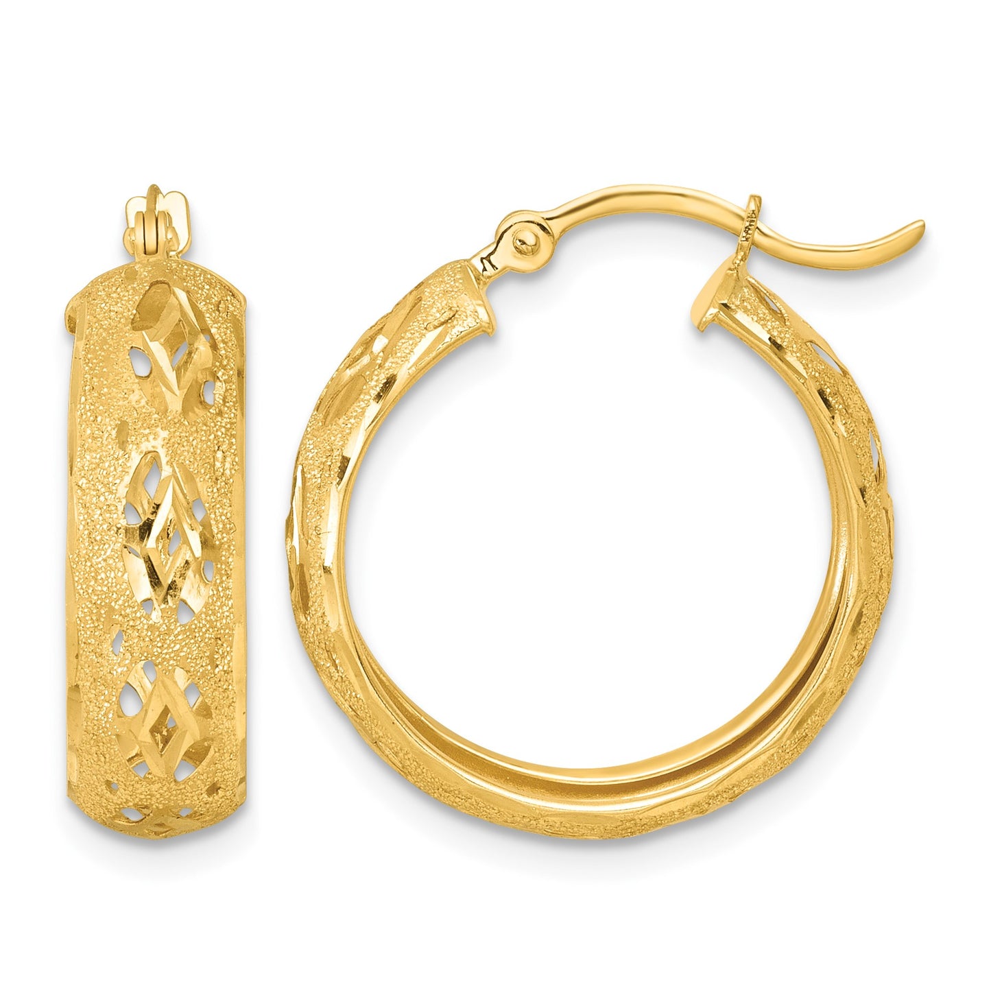 14k Polished Laser and Diamond-cut 6.15x21mm Fancy Design Round Hoop Earrings